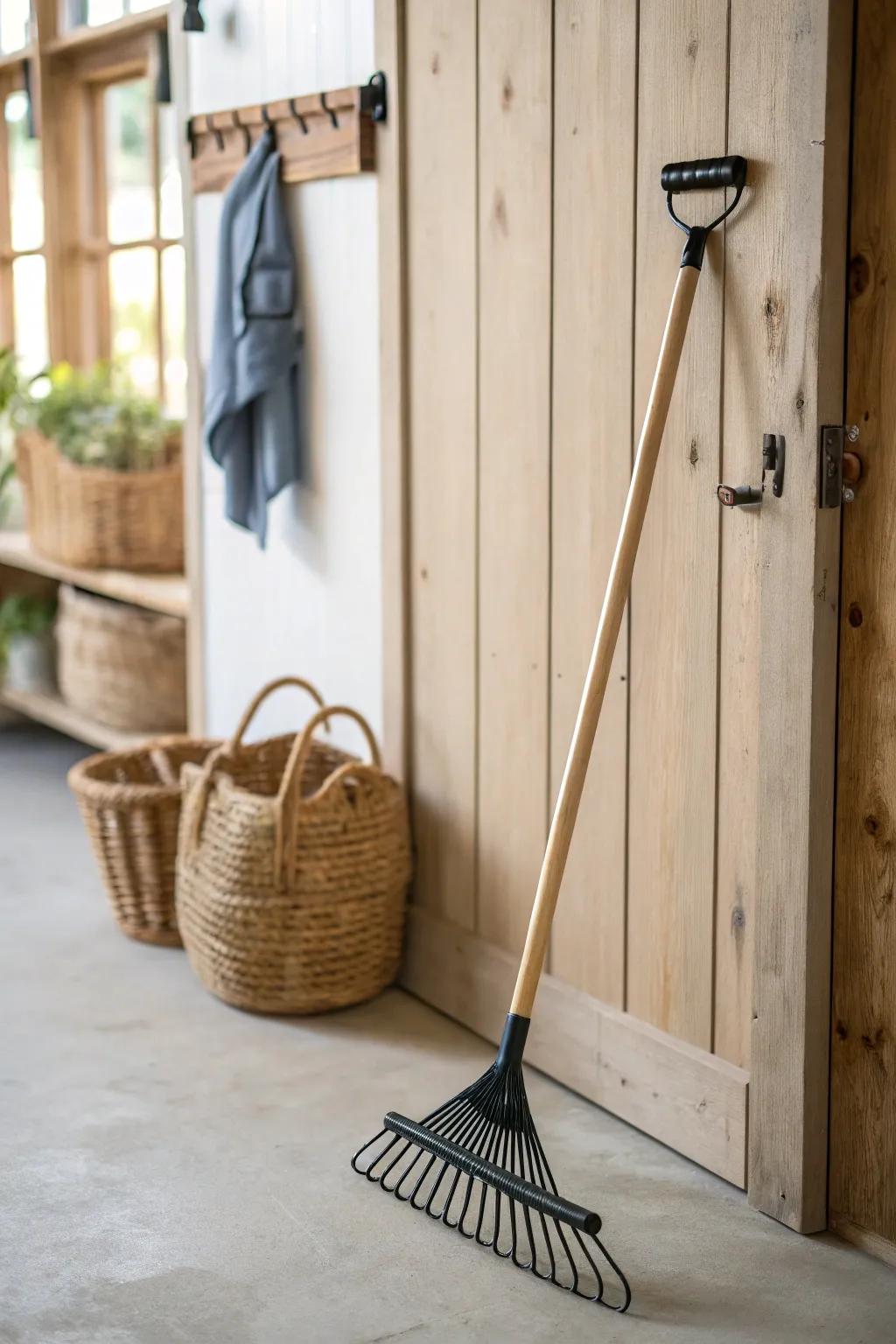 A tall slat-wall zone keeps your rake and broom off the floor—minimal, tidy, workshop-ready.