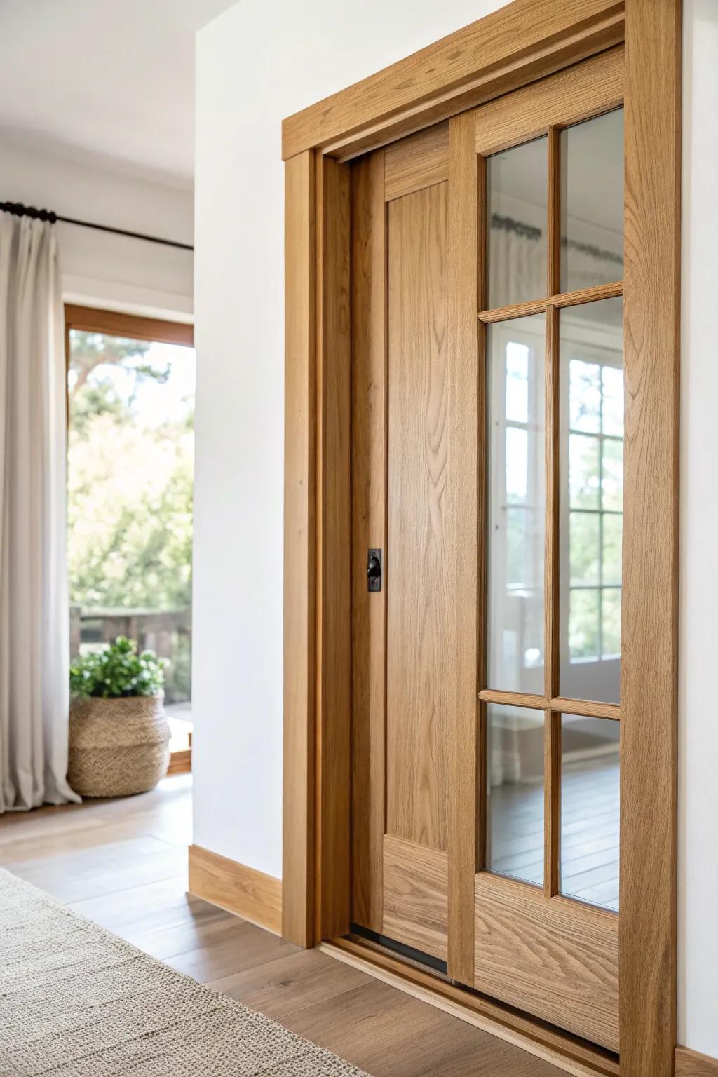 Chunky Craftsman wide casing in natural oak—simple, handmade trim that elevates any slider.