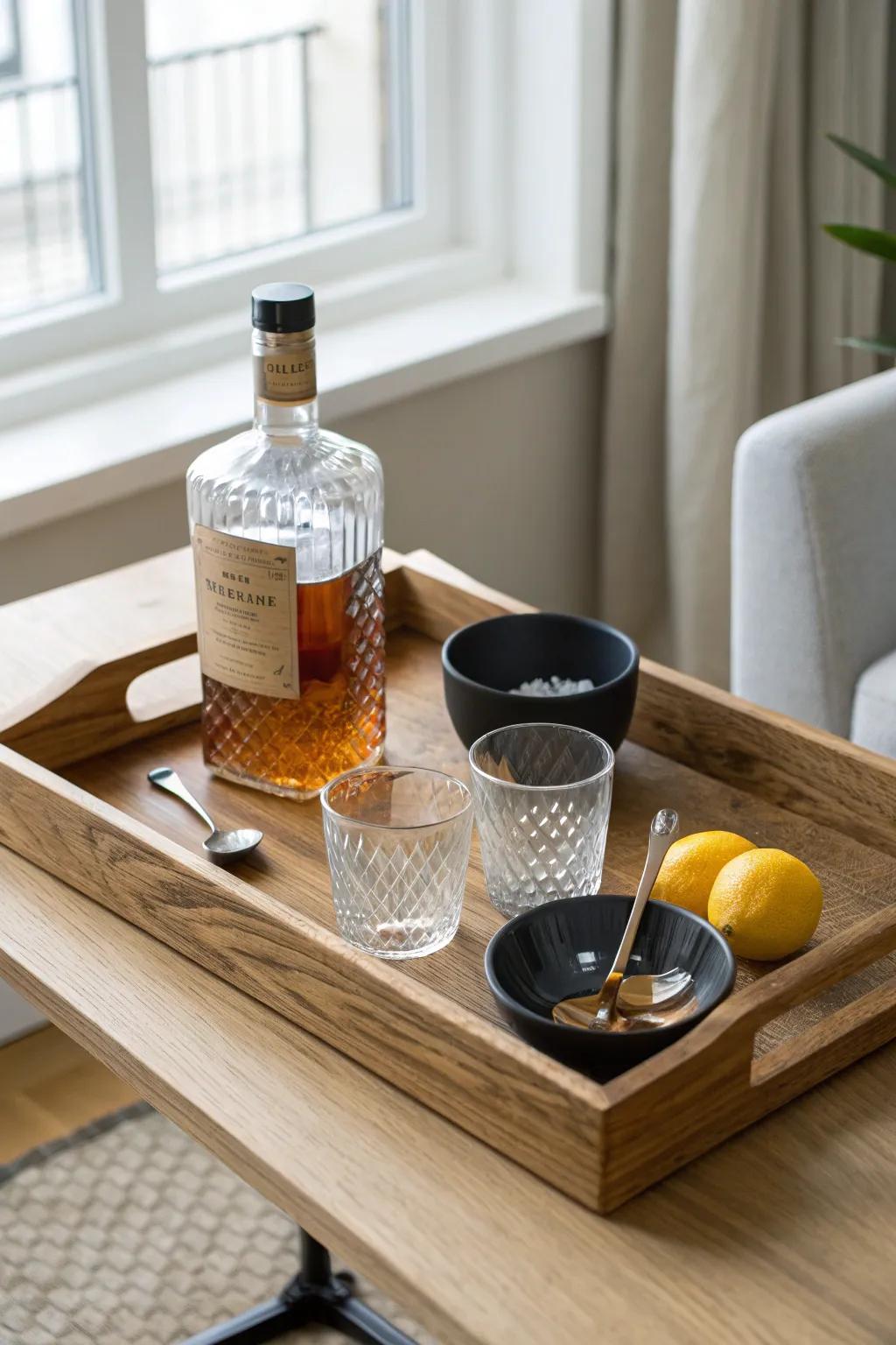 DIY wood tray minibar: a chic, space-saving bar setup that looks beautiful on any side table.