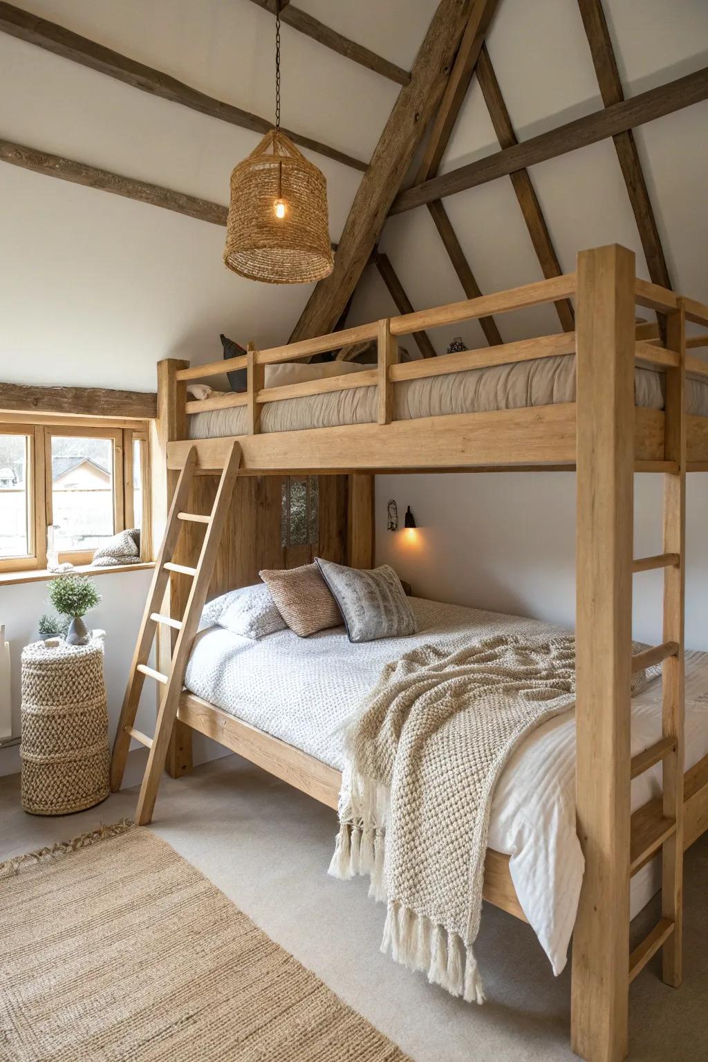 Loft bedroom magic: a simple oak bed framed by exposed trusses above the living space.