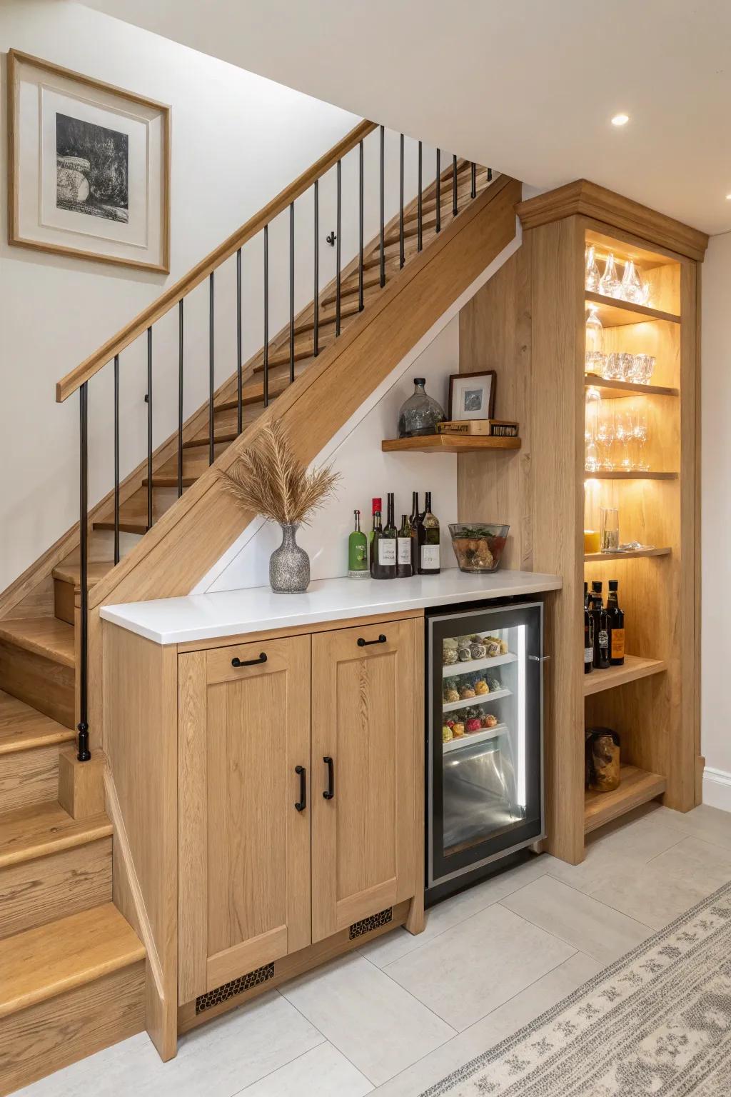 Turn under-stair dead space into a cozy oak bar nook with slim storage and warm lighting.