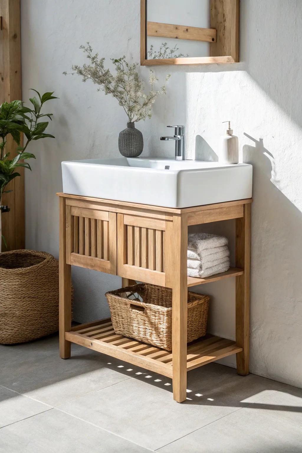 A slim-depth oak vanity with sink that saves walkway space while staying bright and beautiful.