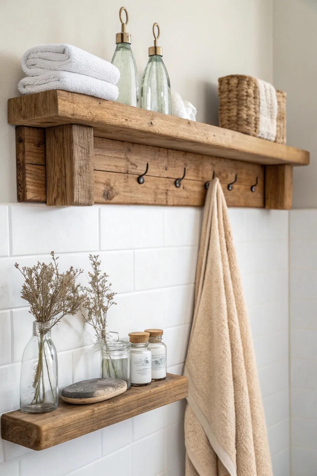 Rustic wood shelf with brass hooks—instant storage and hanging space for tiny bathrooms.