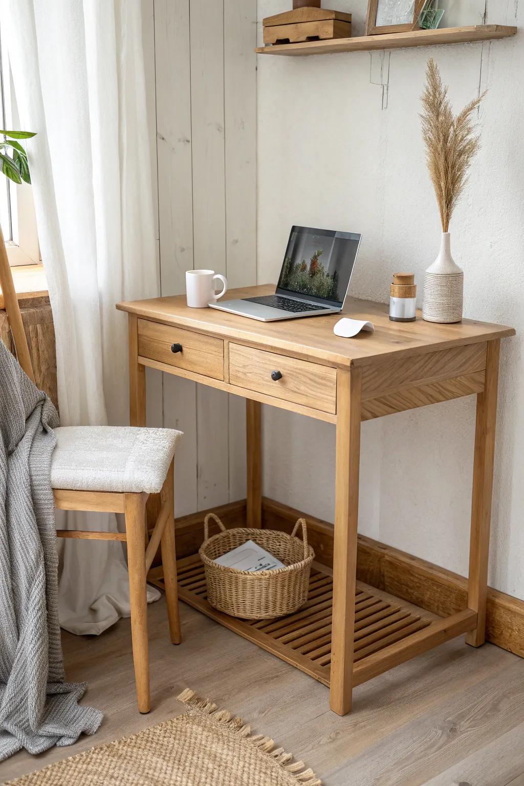 A tiny oak corner desk that turns unused space into a calm, functional bedroom office.