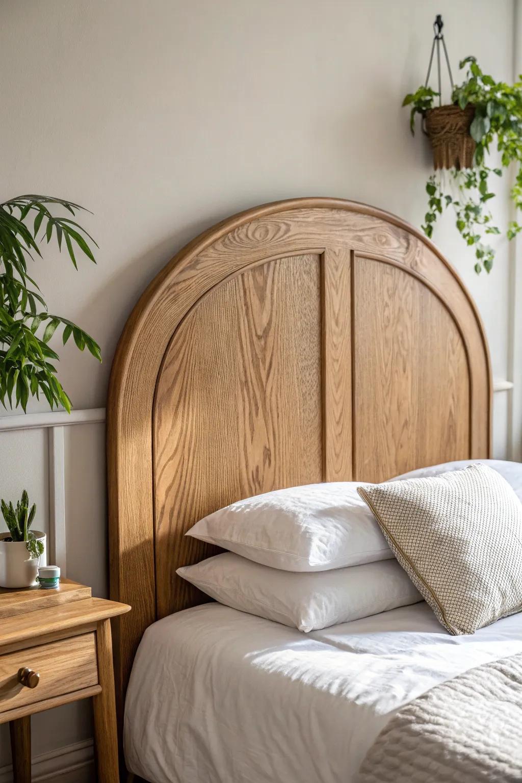 Light neutral walls + warm wood headboard make a small bedroom feel airy yet cozy.