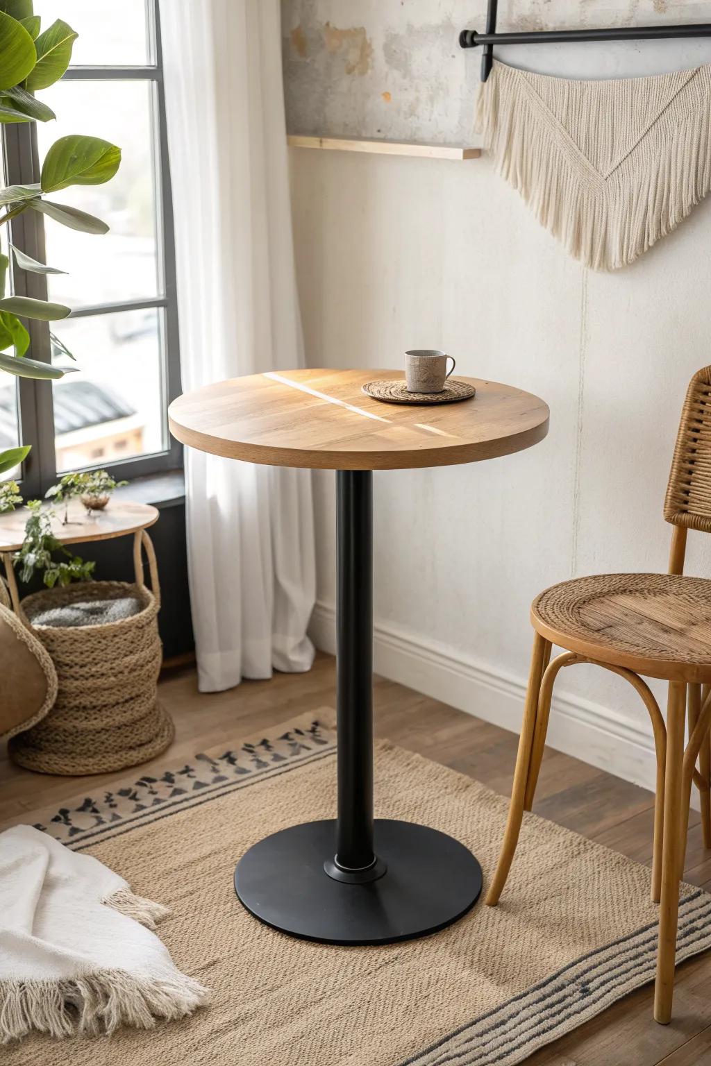 A petite round bistro table in light oak—smooth edges, clean lines, and effortless cafe flow.