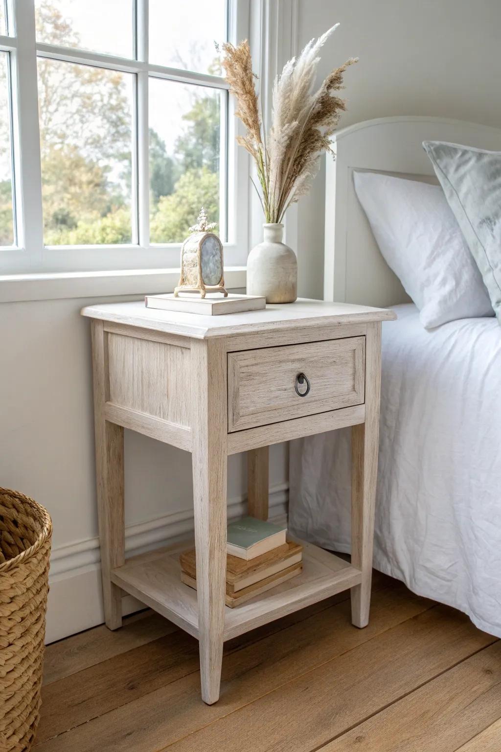 Airy coastal calm: a whitewashed nightstand that keeps small bedrooms light and serene.