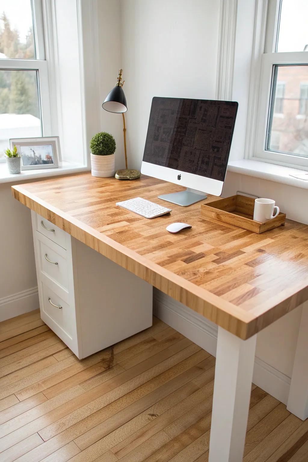 A thick matte-sealed butcher block corner top for a warm, finished minimalist office.