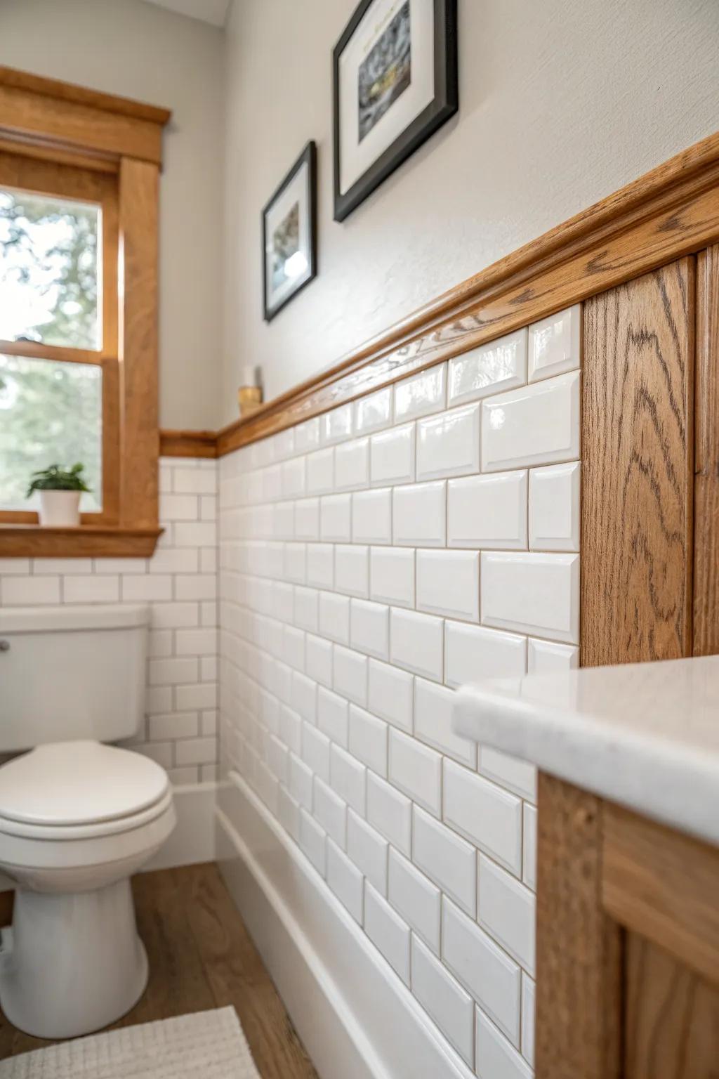 Subway tile wainscot topped with a warm wood cap rail—classic Craftsman charm for tiny baths.