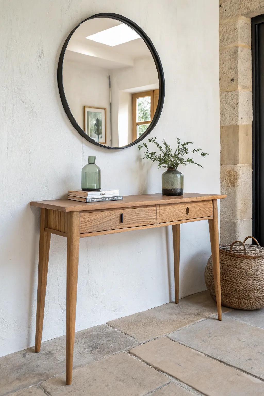 Slim oak console + round mirror—airy Scandi‑boho vanity for the tiniest bedrooms.