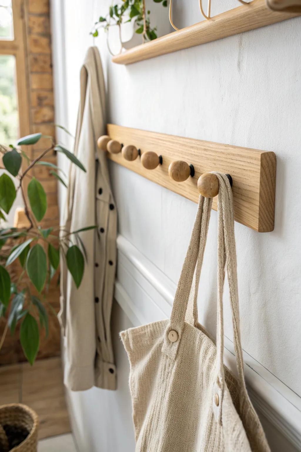 A simple oak peg rail keeps coats and bags off the floor—instant small entryway calm.