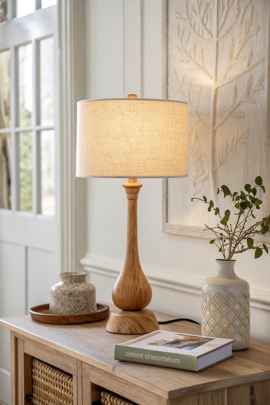 A petite lamp with a slim base adds cozy glow to your entry table without crowding it.