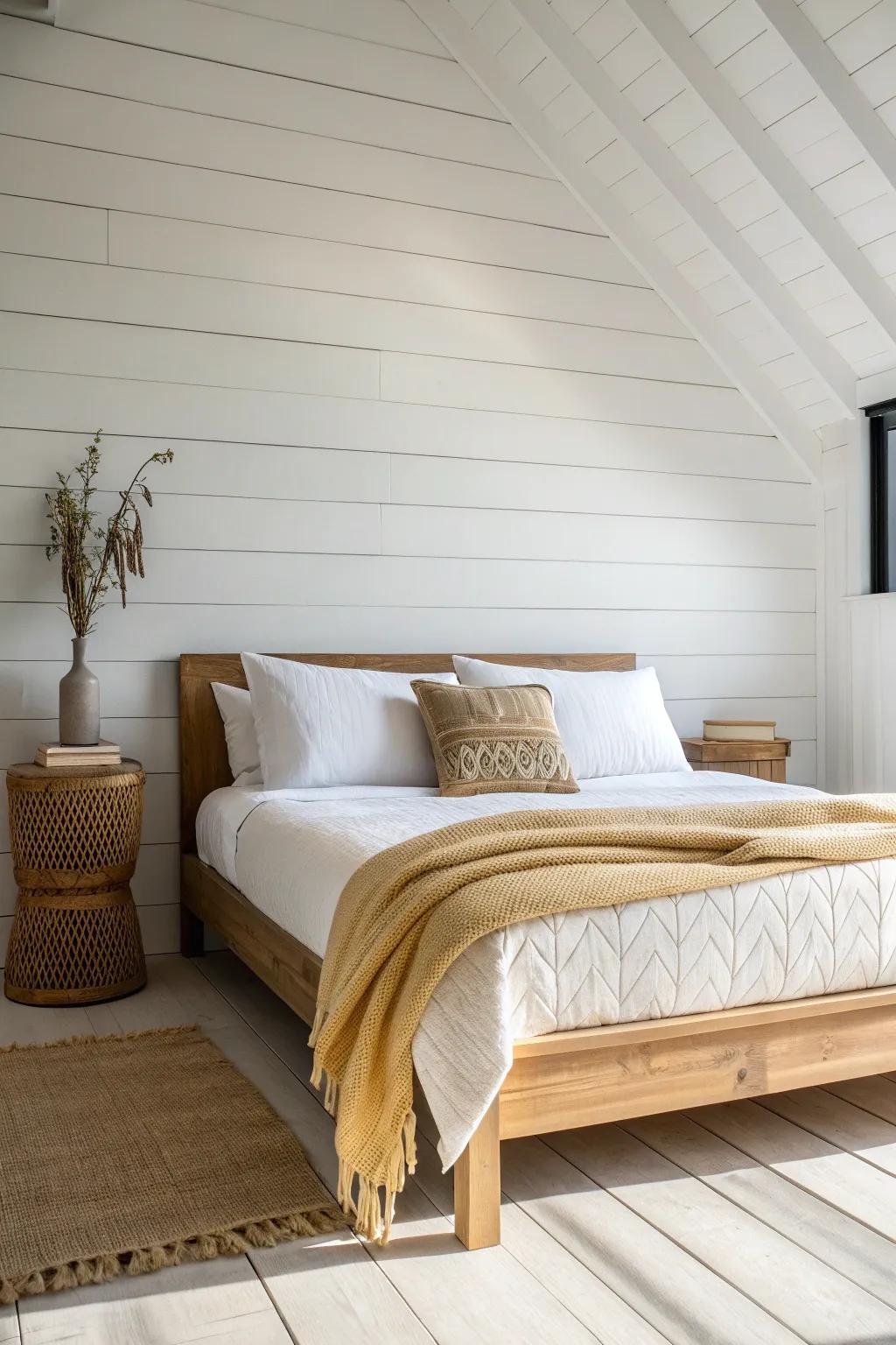 Soft white shiplap behind the bed adds farmhouse charm while keeping a small bedroom bright.