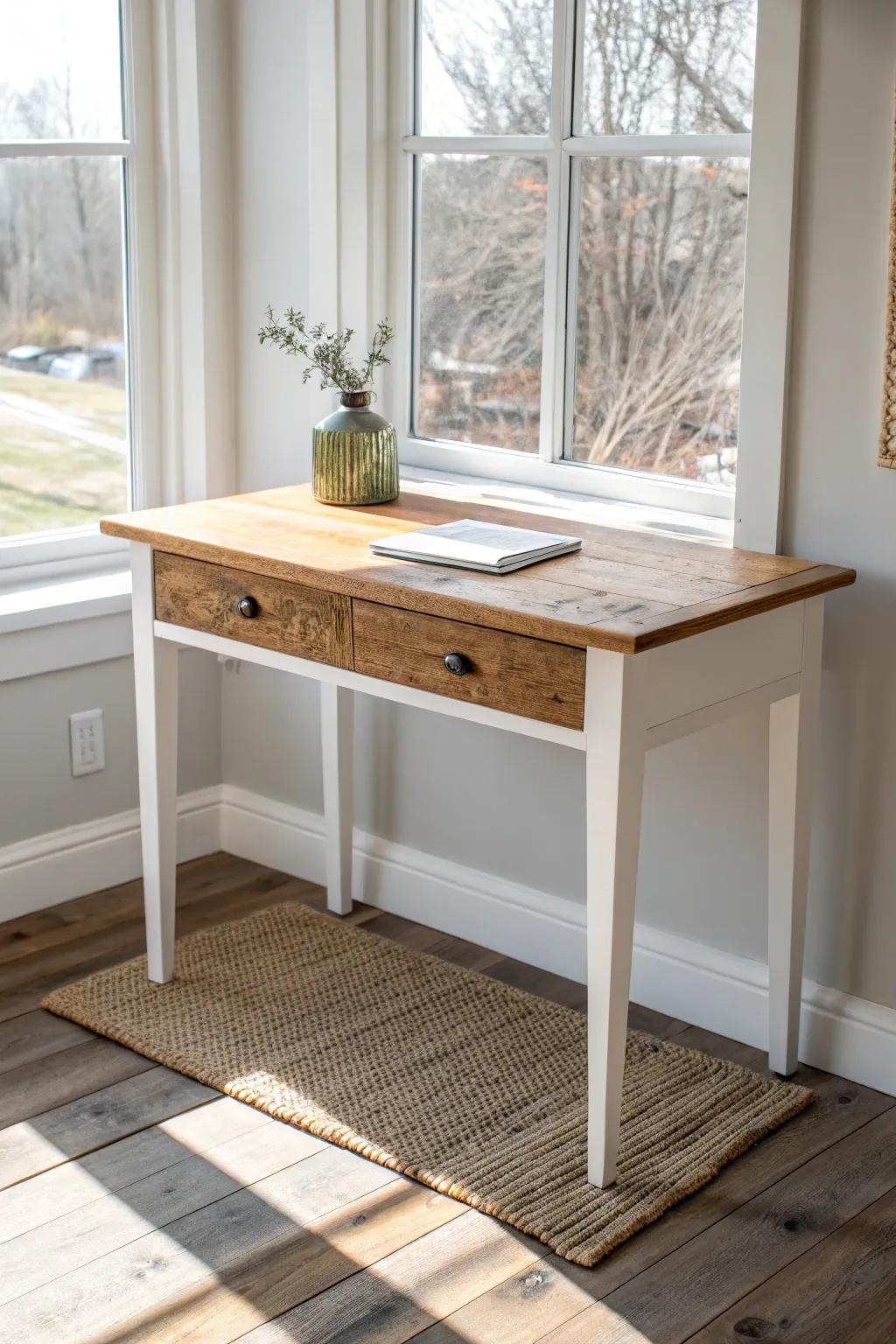 Reclaimed-wood desk set to face the window—simple farmhouse style with a natural glow.