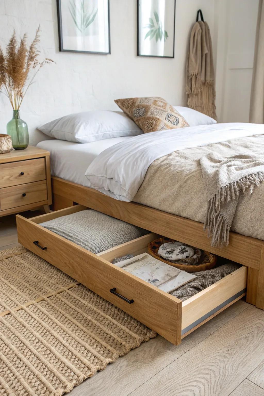 A sleek under-bed drawer keeps a small Japanese bedroom calm, minimal, and clutter-free.