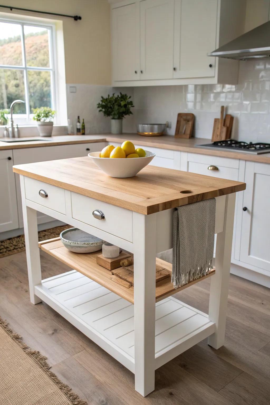 A slim rectangle island adds prep space and storage—without crowding your small L-shaped kitchen.