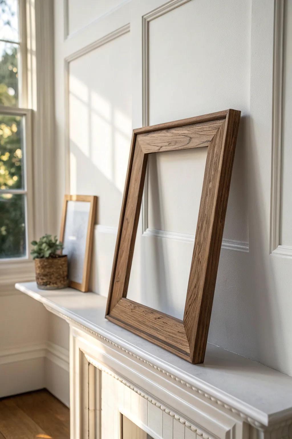 Lean a single wood frame on your mantel for instant height—simple, warm, and effortless.