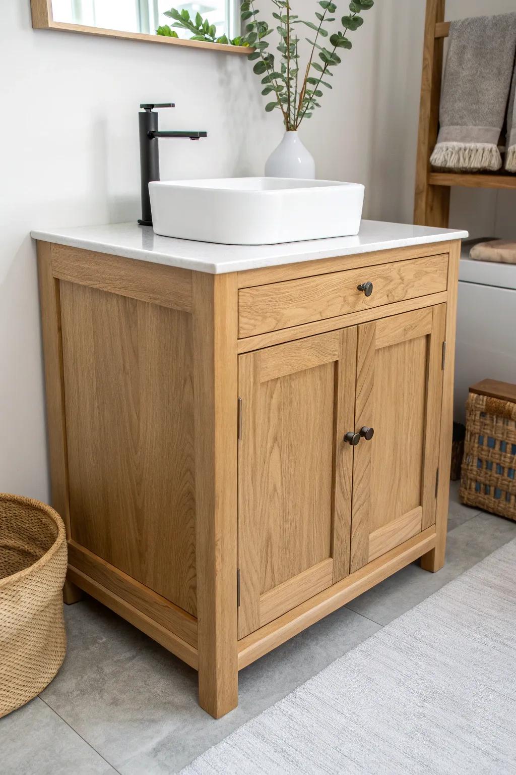 Light oak vanity with shaker lines—modern farmhouse warmth in a small, clutter-free bath.