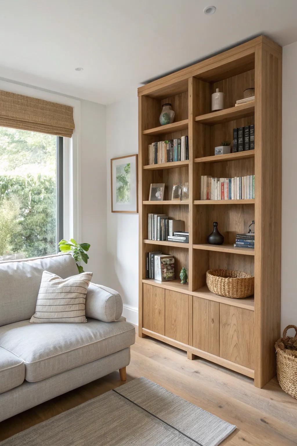 One-wall oak shelving turns a tight room into a calm, cozy library feature.
