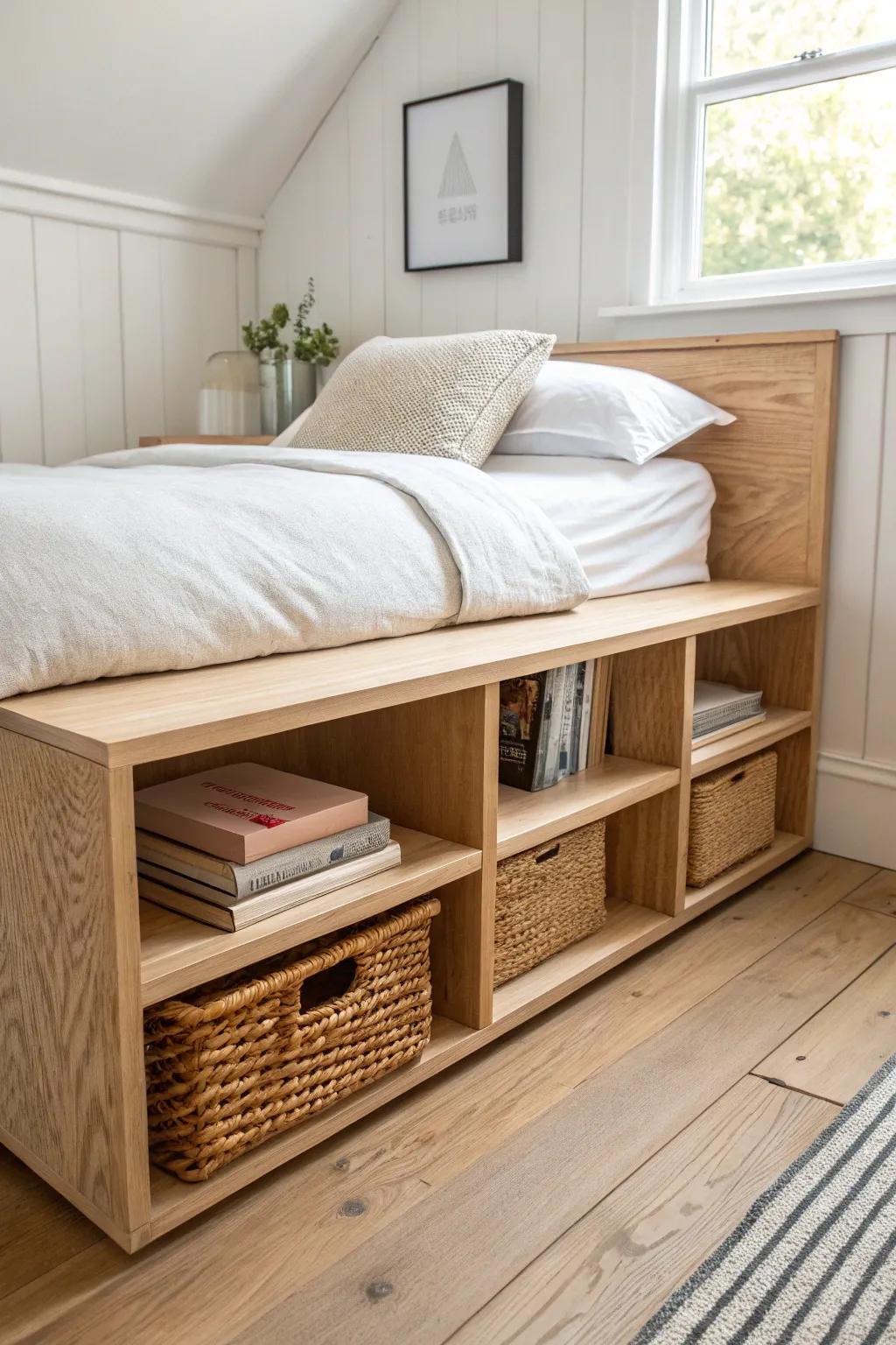 Side cubbies turn a raised platform bed into sleek storage for baskets and books.