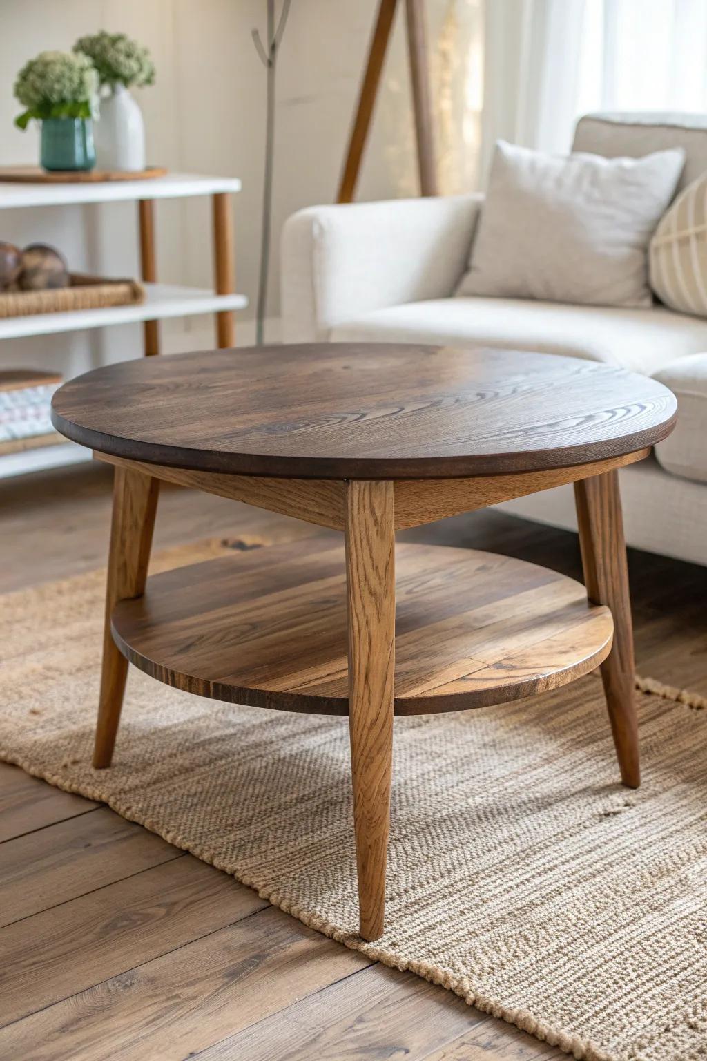 Layer 2–3 wood tones with a two-tone coffee table for a calm, collected small living room.