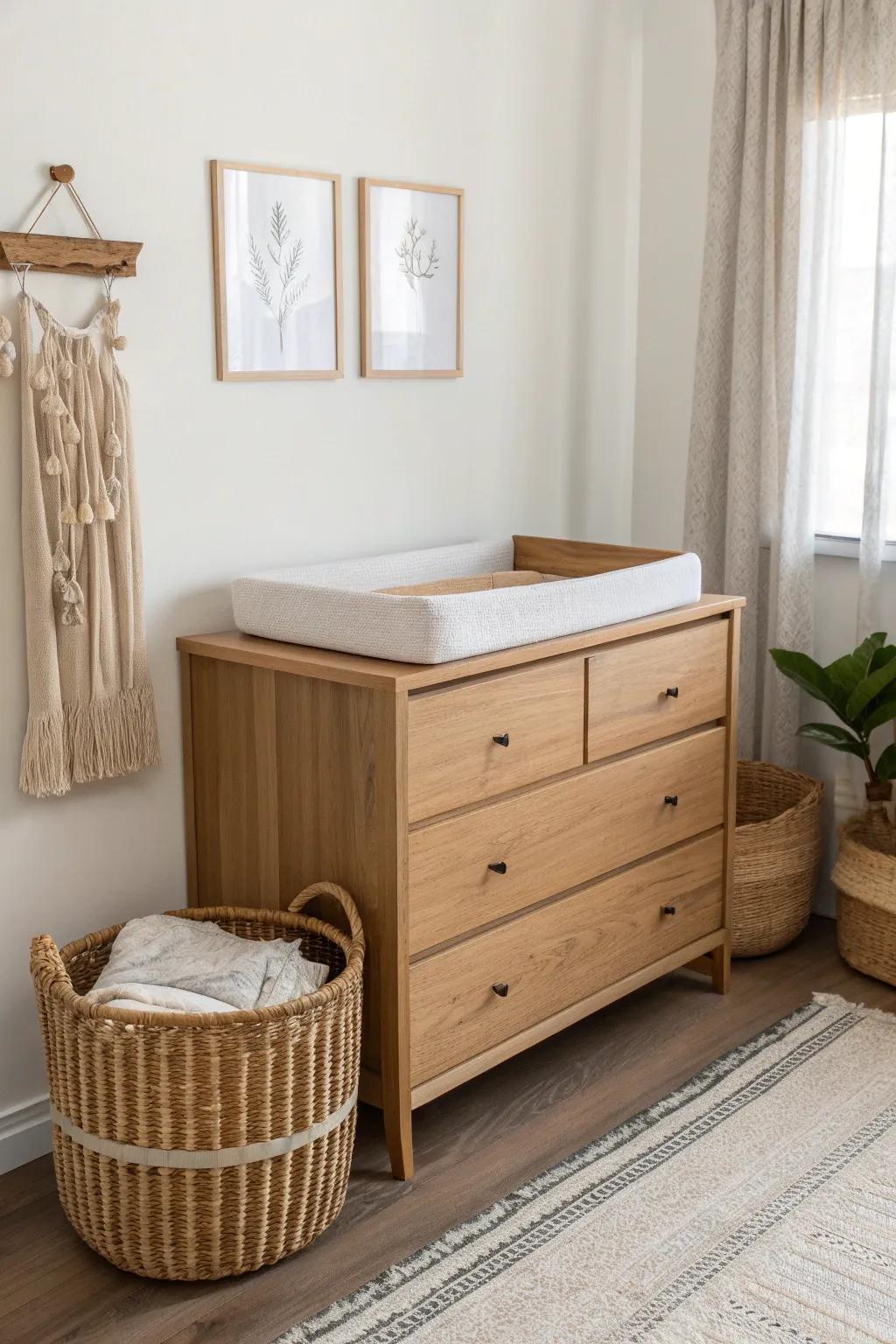 A handcrafted wood topper turns a slim dresser into a chic changing station for tiny nurseries.