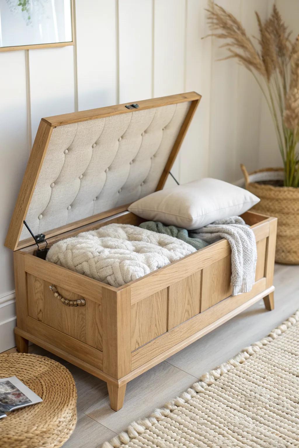 Light oak bench with a tufted linen lid—polished bedroom seating with hidden storage inside.