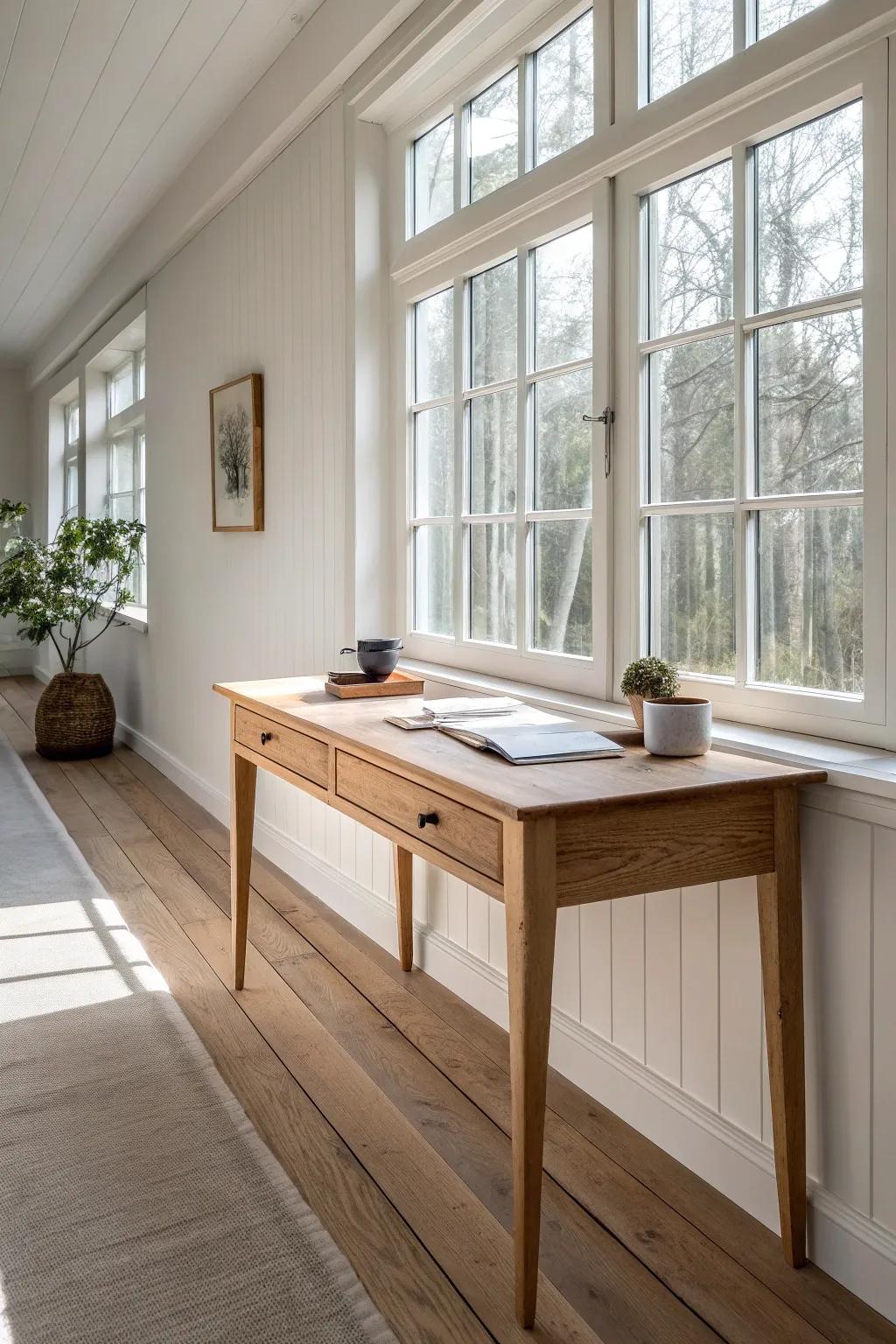 A slim pine desk along one wall keeps a narrow sunroom office airy, bright, and spacious.