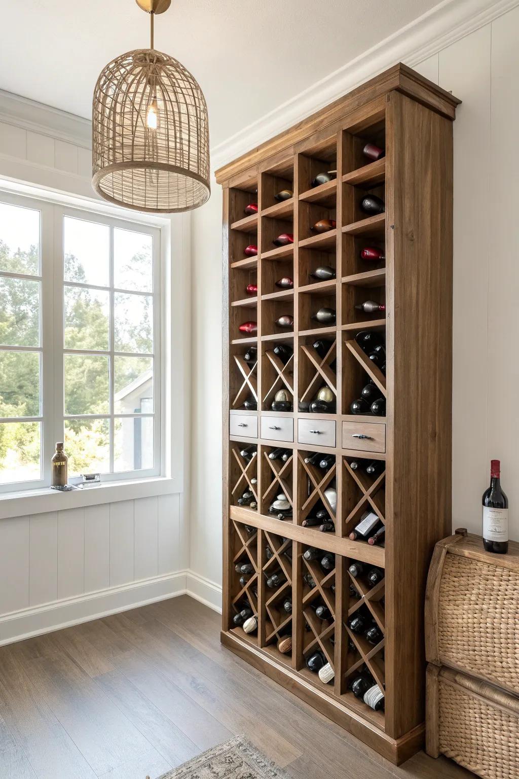 A floor-to-ceiling wine rack wall turns a tiny tasting nook into a cozy cellar moment.