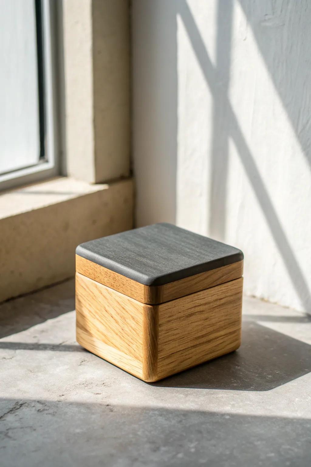 A simple two-tone wooden box—matte charcoal lid, natural oak base—for crisp modern charm.