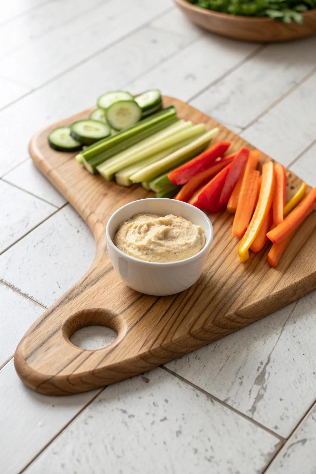 Veggie + hummus crunch board on a carved wooden tray—fresh, simple, and beautifully crafted.
