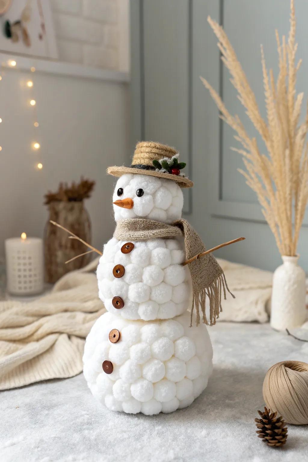 Whimsical winter charm with a cotton ball snowman, bringing softness and joy to your minimalist decor.