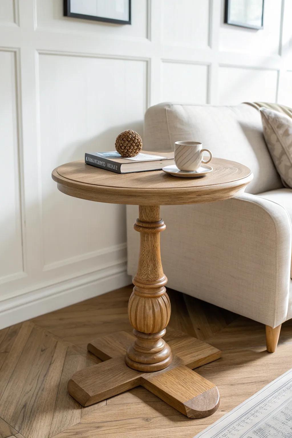Round oak pedestal side table—softens sofa lines and adds sturdy, walk-around ease.
