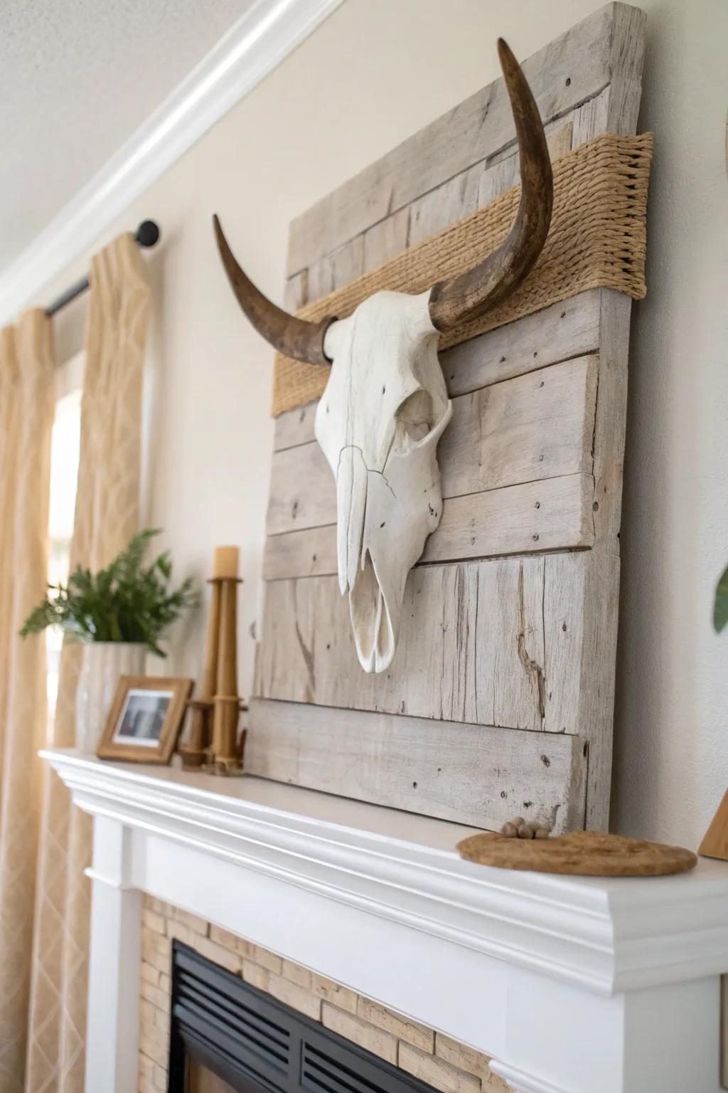 Southwest statement made simple: a cow skull centerpiece on reclaimed wood above the mantel.