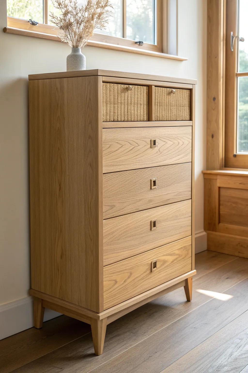 A slim, shallow-depth dresser that adds real drawer storage without stealing walkway space.