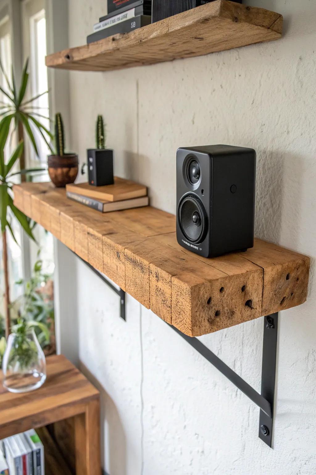 Chunky reclaimed board + matte black brackets—rustic warmth that makes speakers look chic.