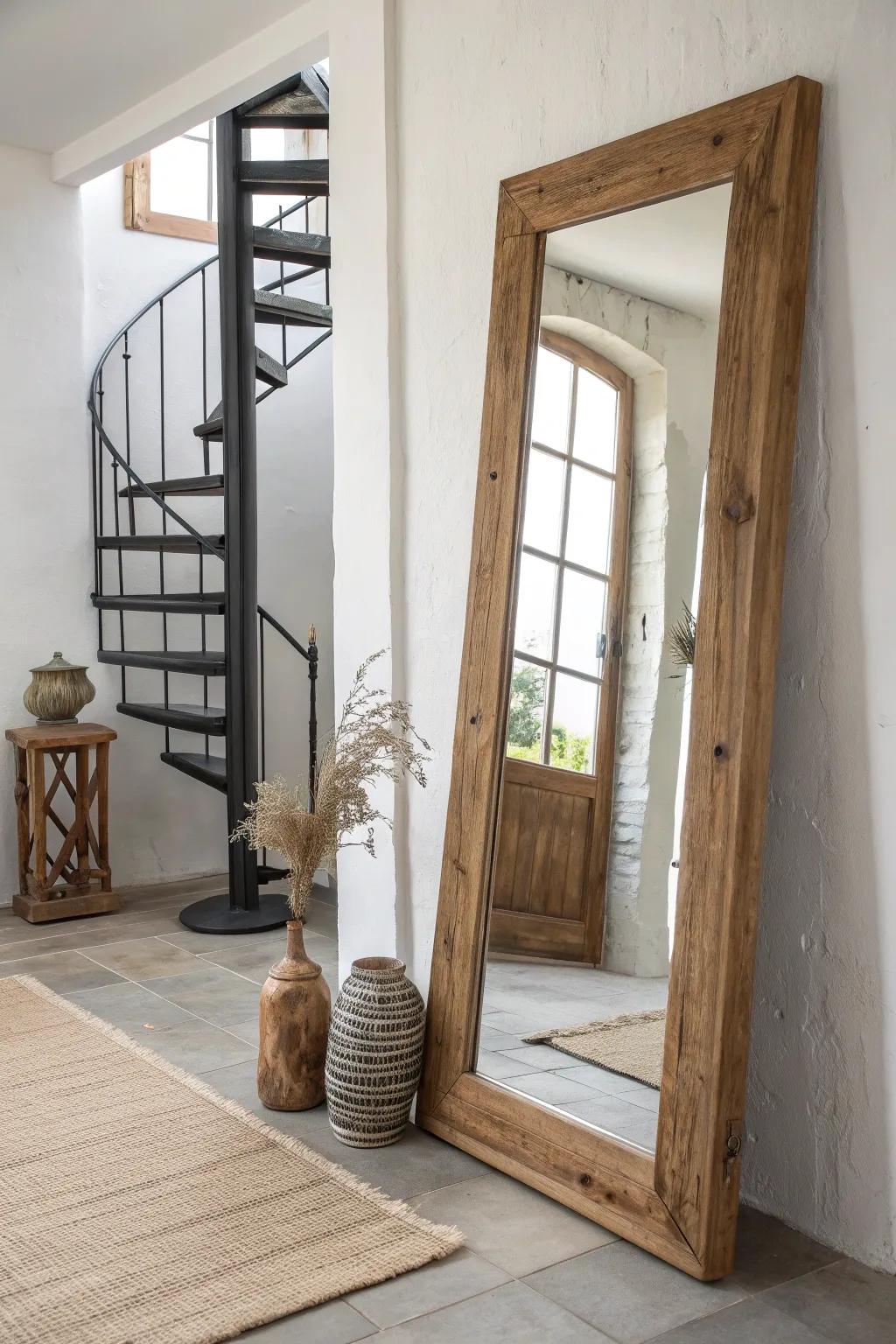 Reclaimed-wood mirror at the spiral stair base to bounce light and open up tight entryways.