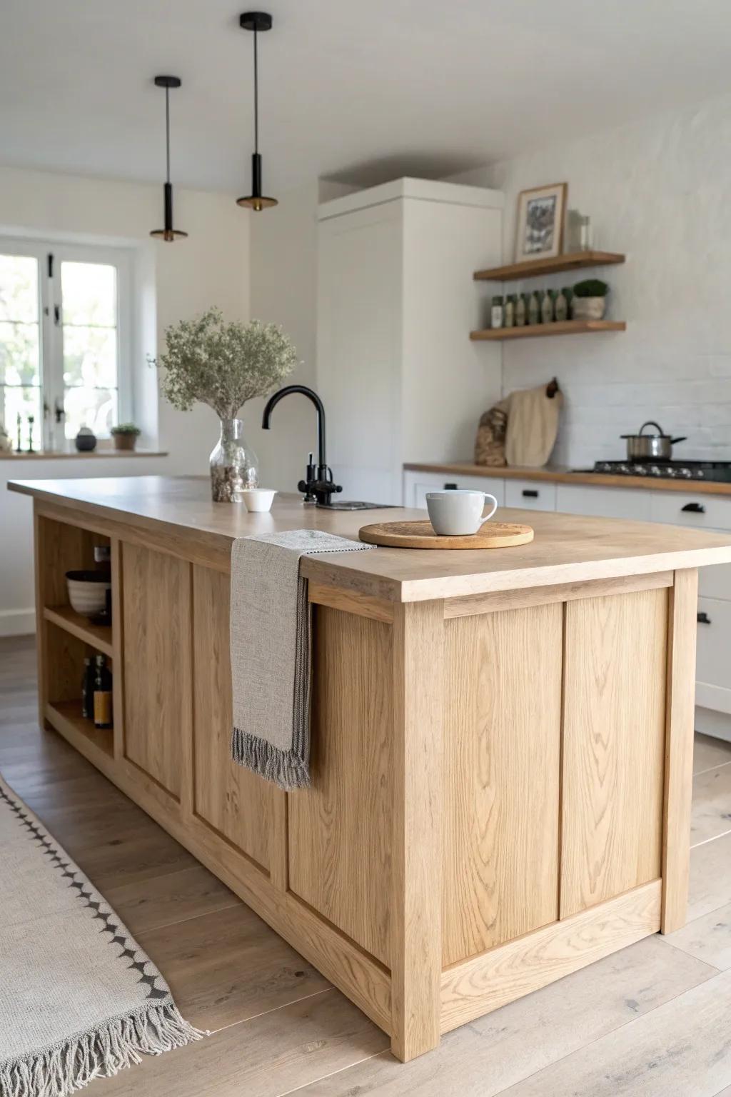 Raised breakfast bar island: clean prep zone hidden, warm oak craftsmanship for calm mornings.