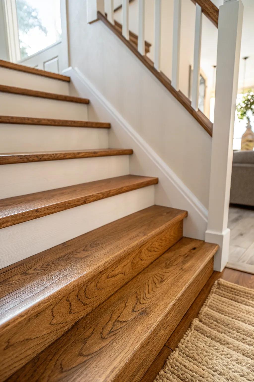 Warm medium-brown stain on treads and risers—timeless, unified, and grain-forward.