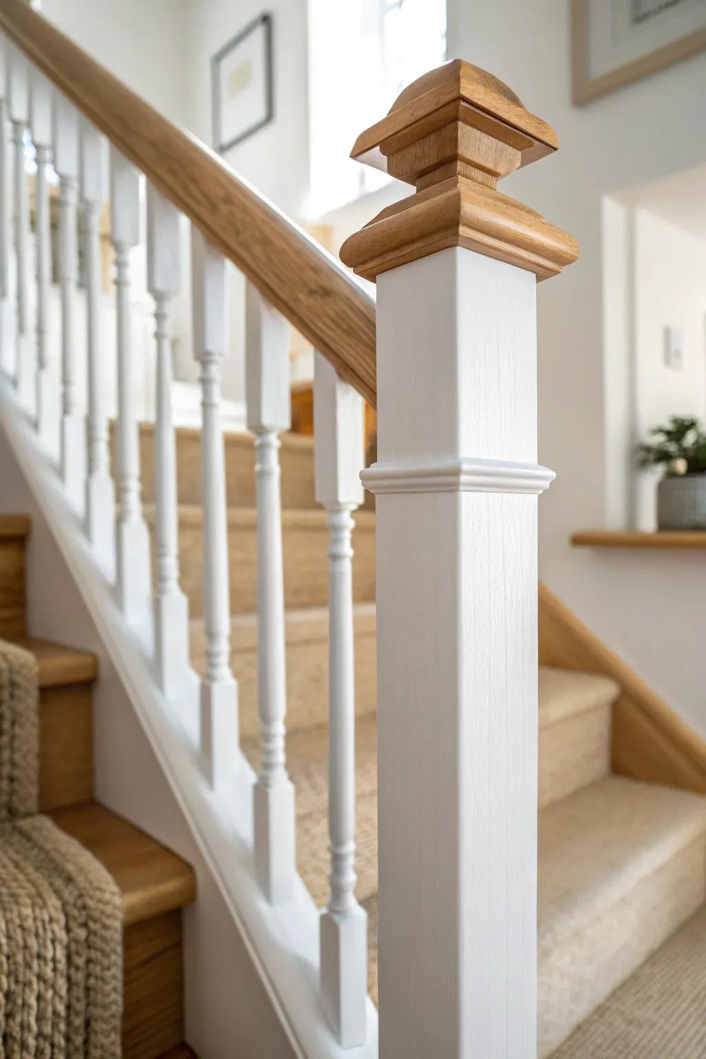 White newel post + warm natural wood rail for a bright, airy staircase with contrast.