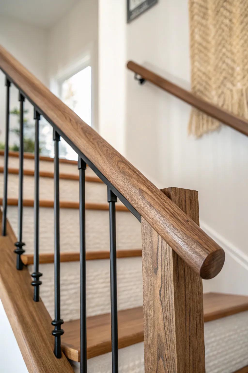 Warm stained wood handrail with sleek black balusters—modern contrast with cozy farmhouse charm.