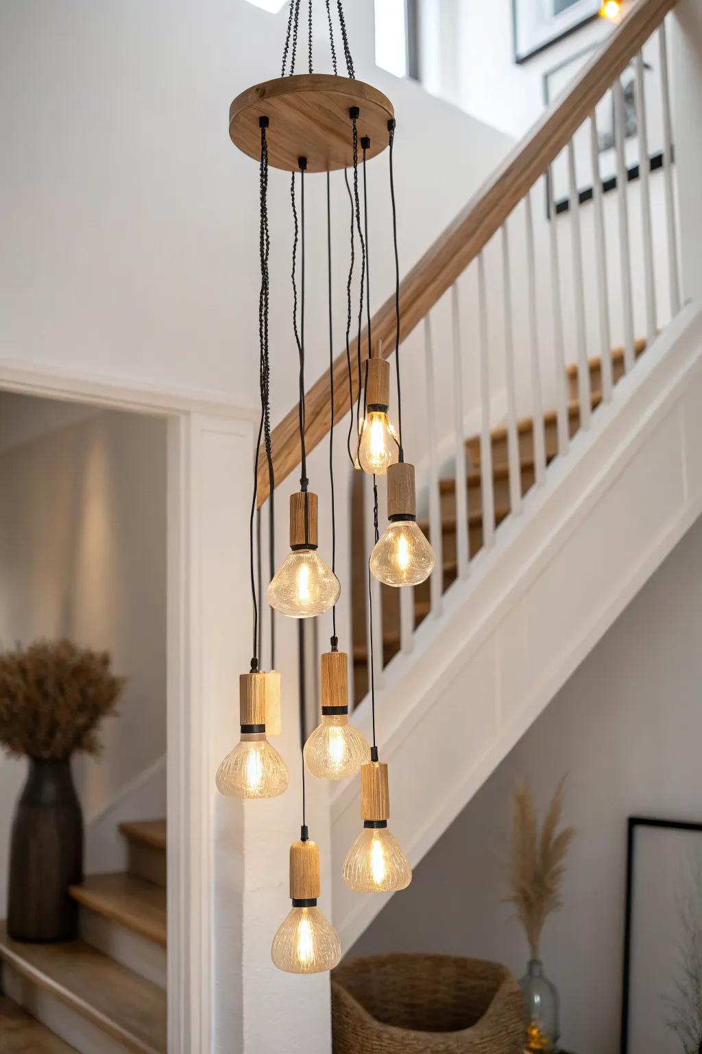 A cascading oak pendant cluster brings warm, dramatic glow to a tall stair landing.
