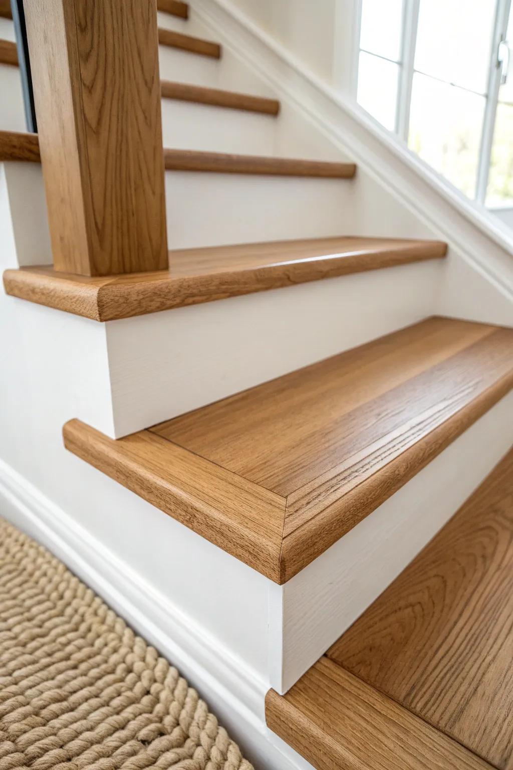 Warm oak stair nose + crisp white riser—clean contrast that makes every tread edge shine.