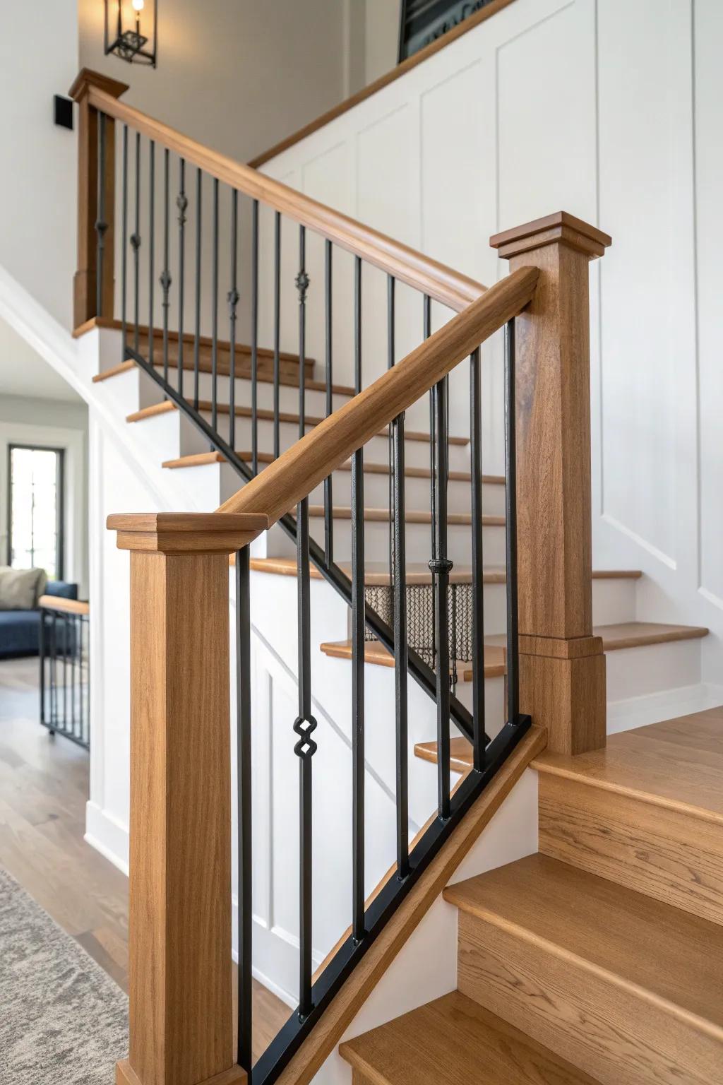 Matte-black balusters meet a warm oak cap rail—clean contrast that brightens any stairwell.