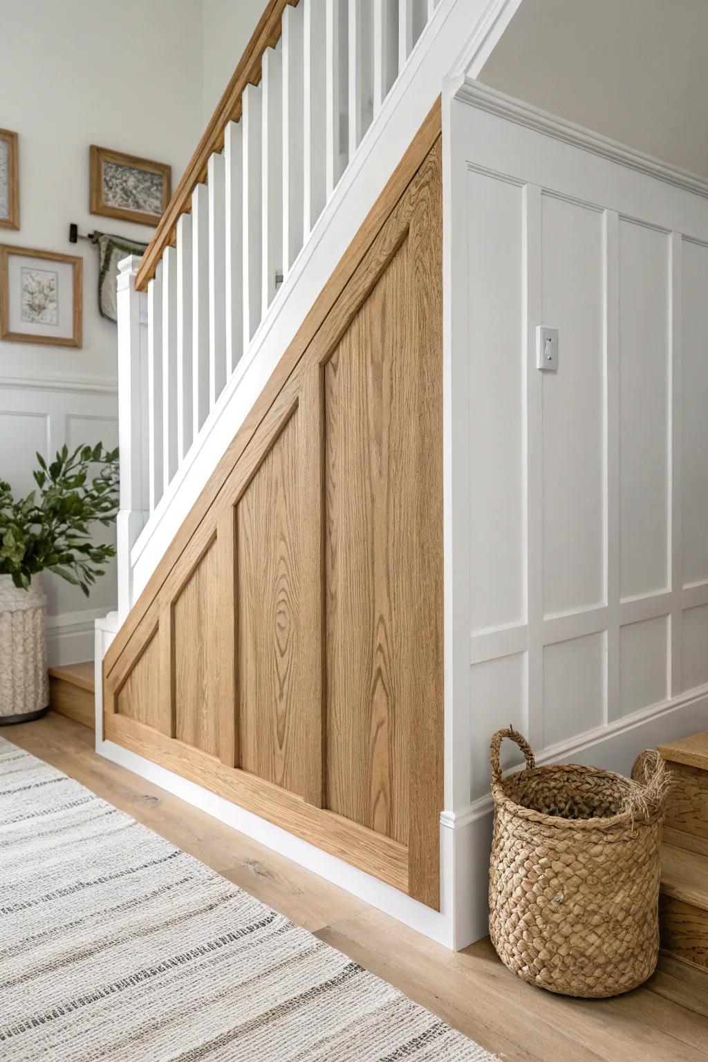 Board-and-batten stair wall trim: simple lines, warm oak texture, and an architectural look.