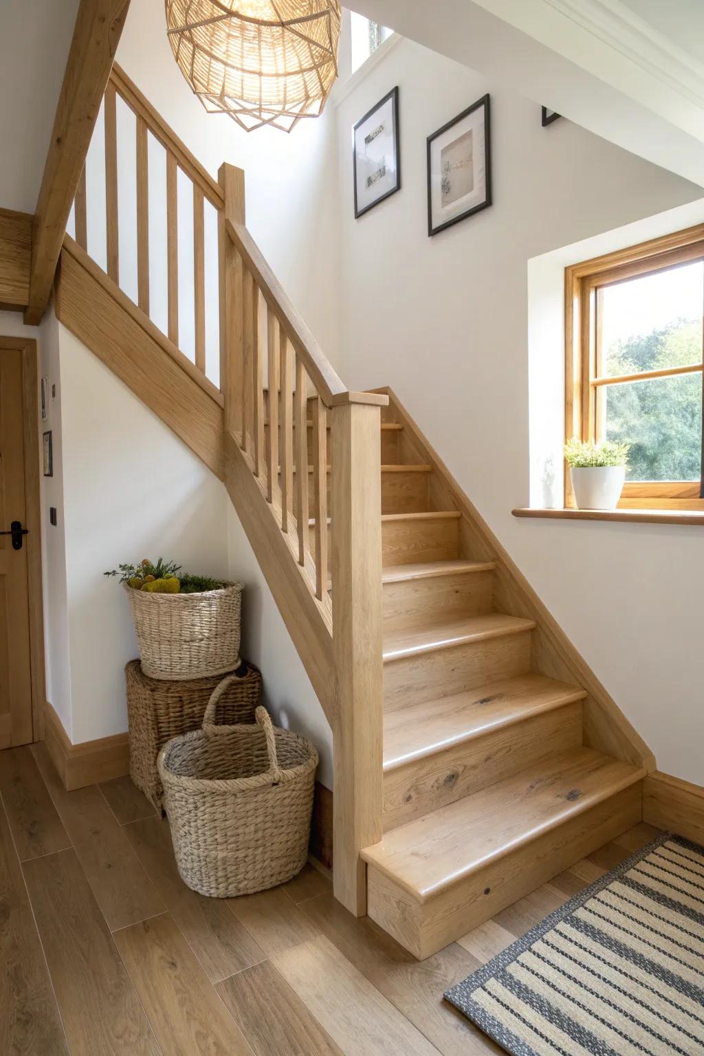 L-shaped loft stairs with a cozy landing—crafted oak, soft light, and a basket-ready pause.