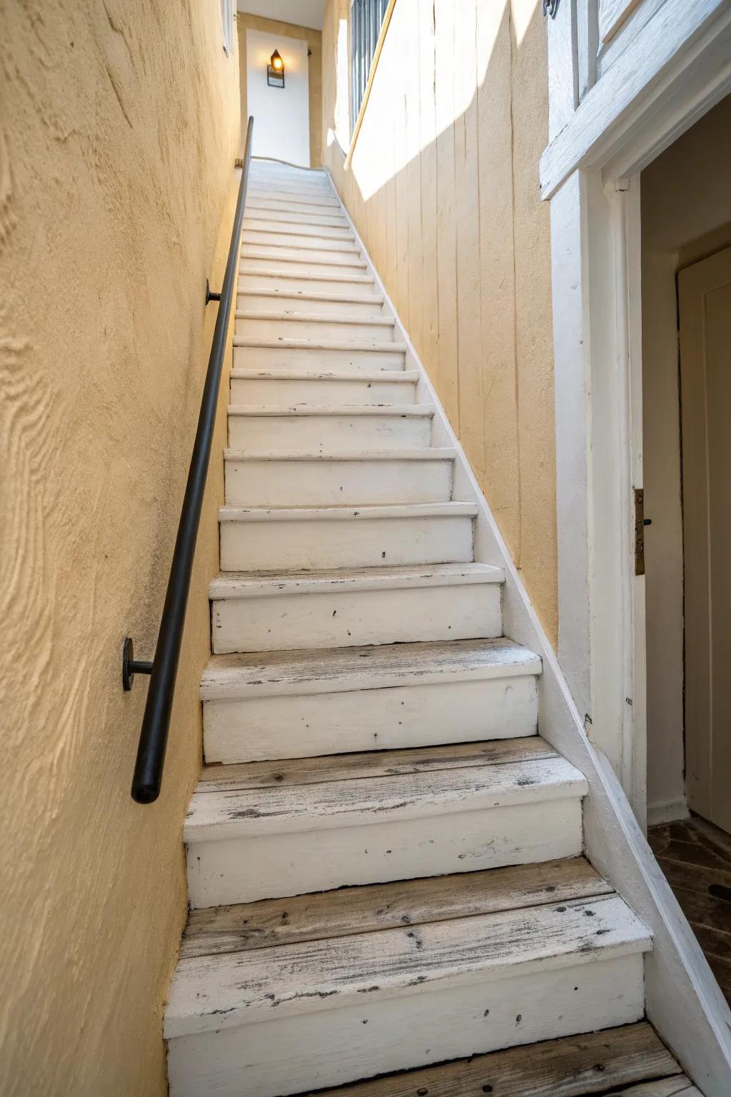 All-white stairs give a bright lift—clean, calm, and perfect for hiding mismatched wood patches.