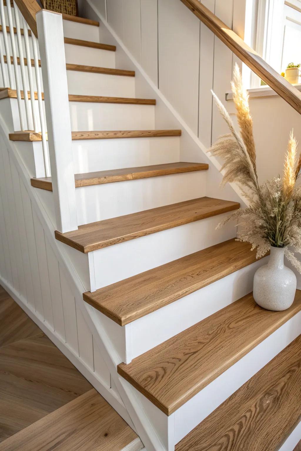 Natural wood treads + bright white risers for a crisp, light stairway with timeless contrast.