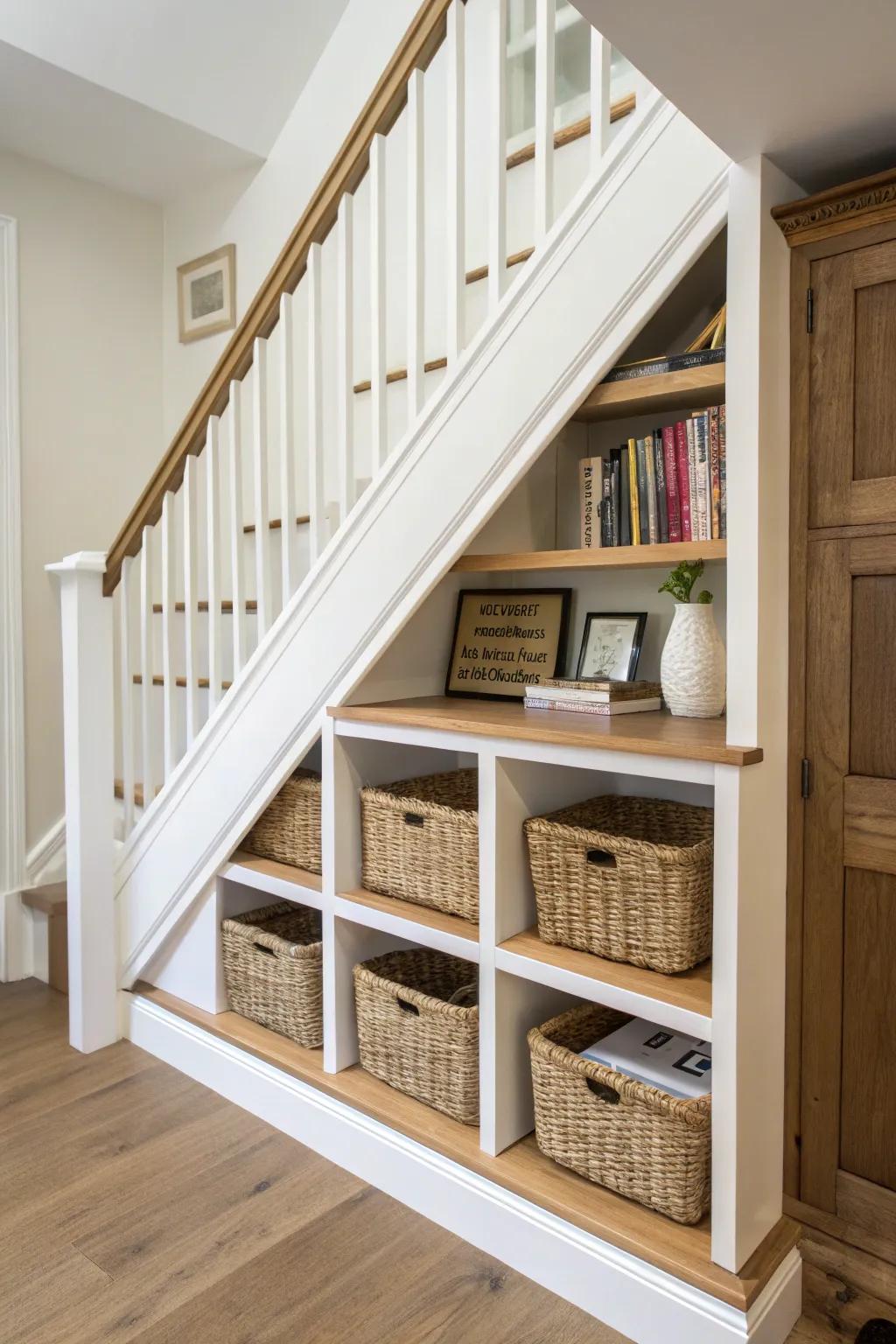 Classic under-stair shelving in pale pine—clean built-in lines with woven baskets to hide clutter.