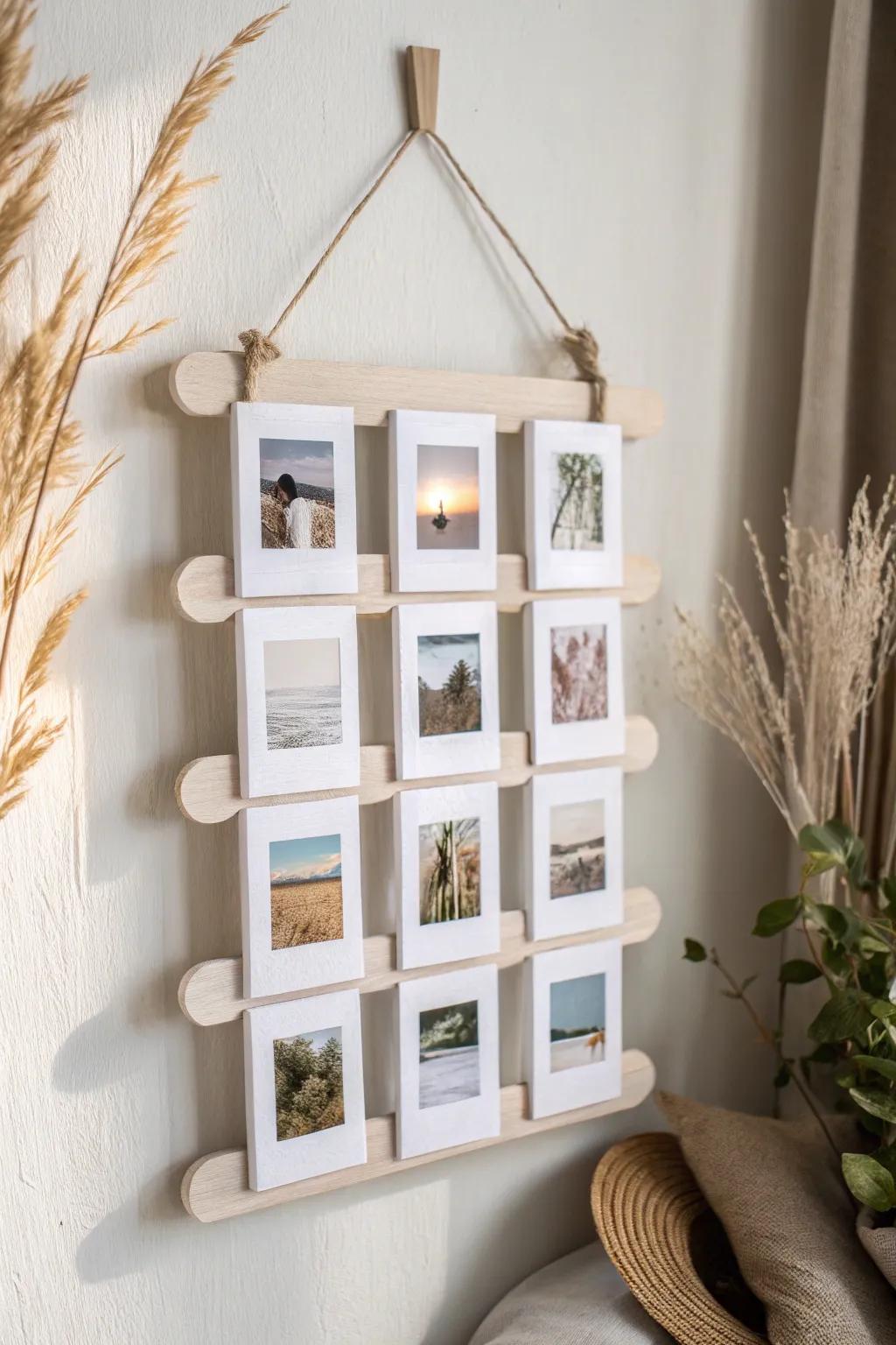 Minimal popsicle-stick collage grid—matte white squares for tiny prints and effortless wall art.
